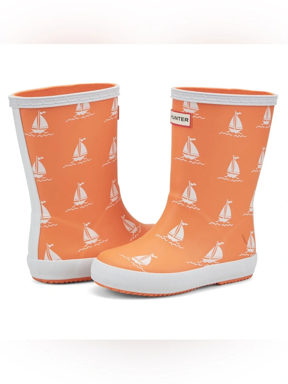 Hunter Kids Orange Sailboat Print  Rain Boots Size 2 Unisex